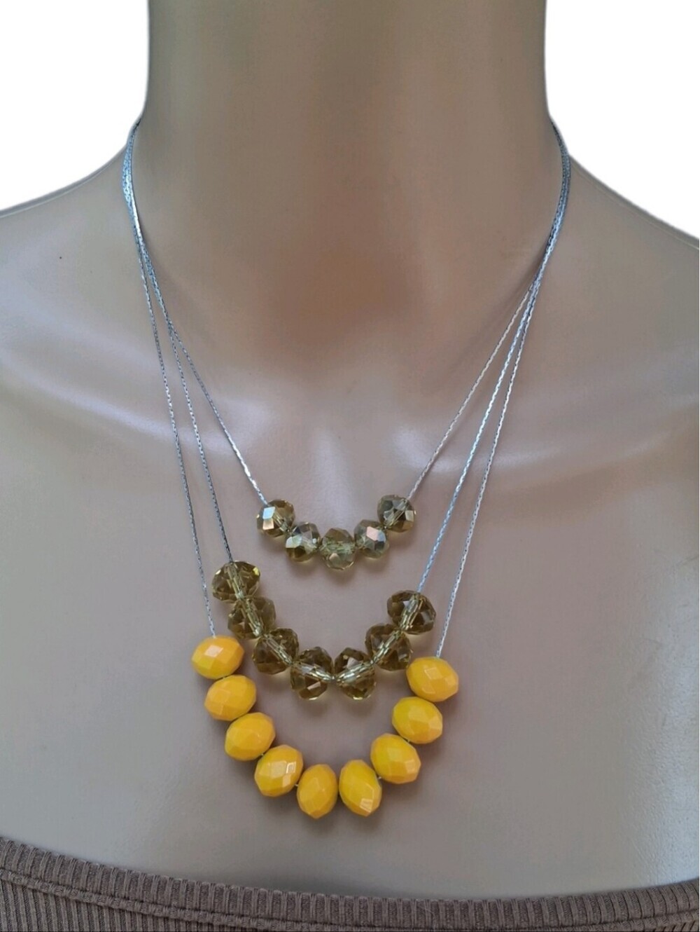 Vintage Multi Strand Layered Necklace Yellow Amber Faceted Glass Beaded
